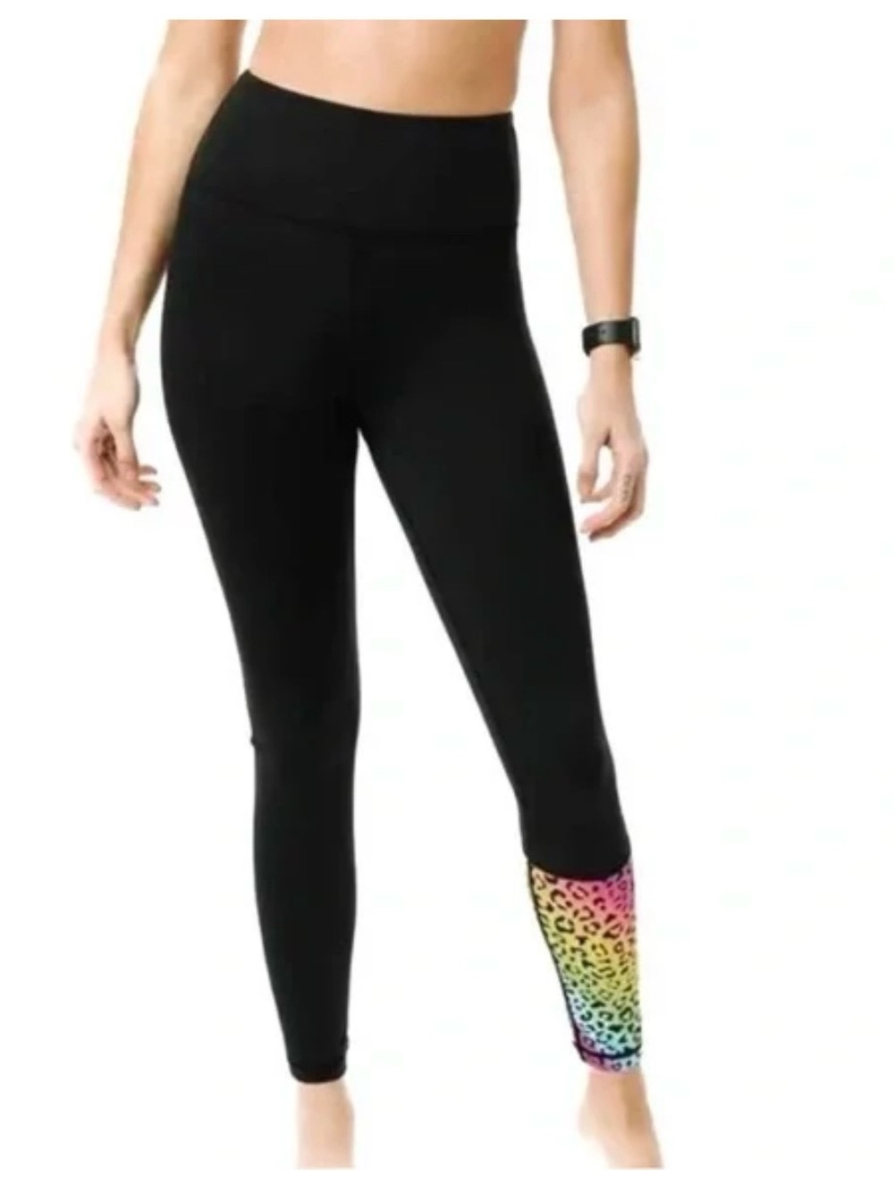 ZYIA Black High-Waist Leggings with Rainbow Leopard Ankle Accent